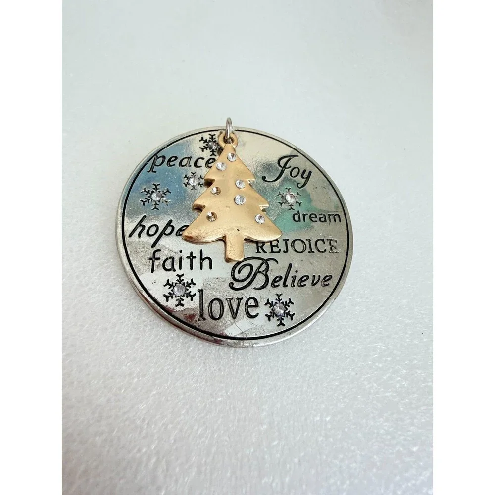 Vintage Christmas Tree Disc Brooch Pin Silver Tone Inspirational Words Rhineston